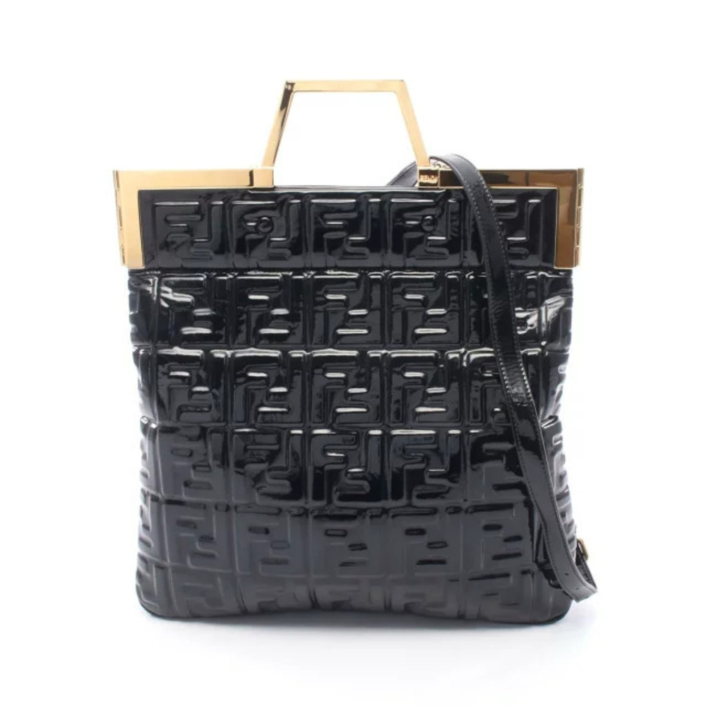 Fendi FF Embossed Tote Bag Patent Vernis Leather Black